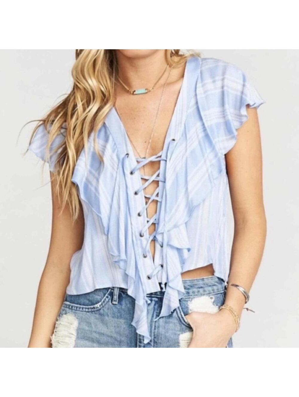 Show Me Your Mumu Treasure Lace Up Top Blue Striped Size M Boho Beach